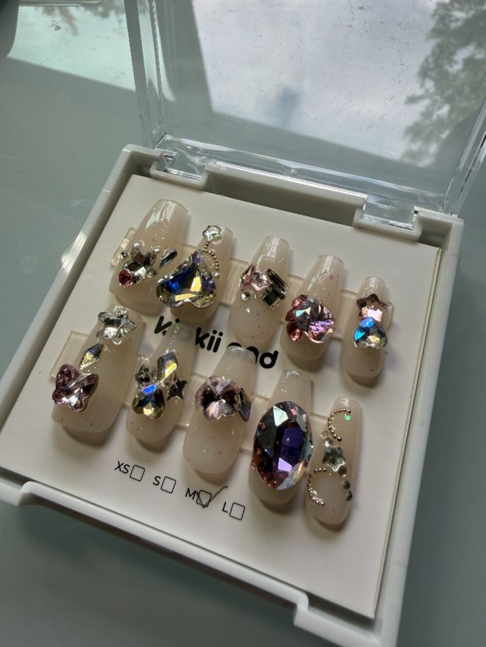 3D Crystal Gem Press-On Nails | Nude Rhinestone Glam Nail Set